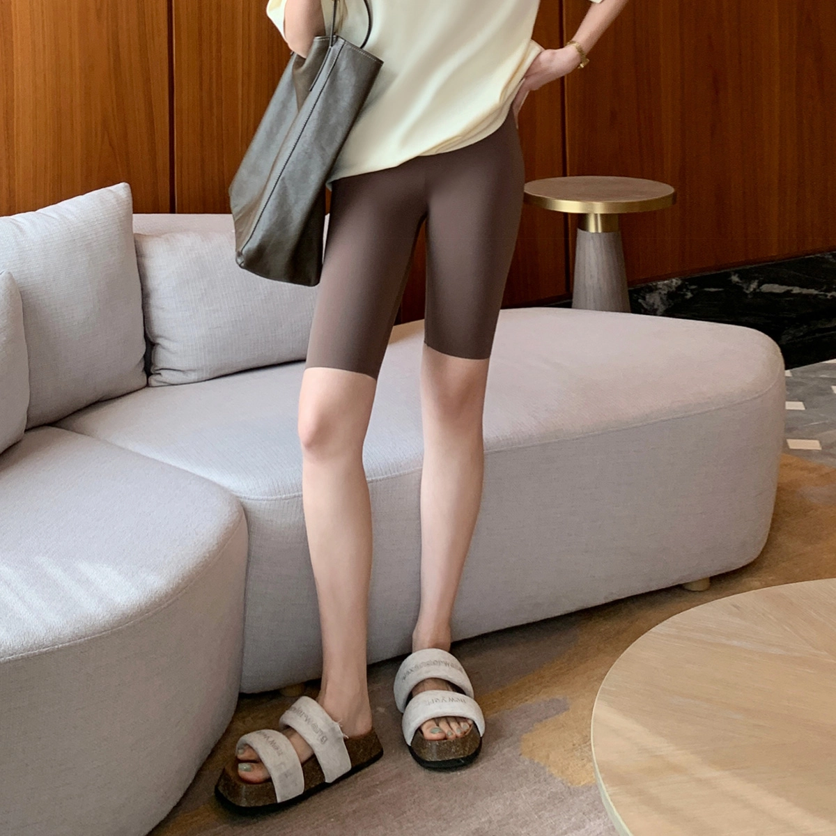 美洋 裸感骑行裤 纯色高腰速干修身直筒短裤吸湿哑光五分裤 女款