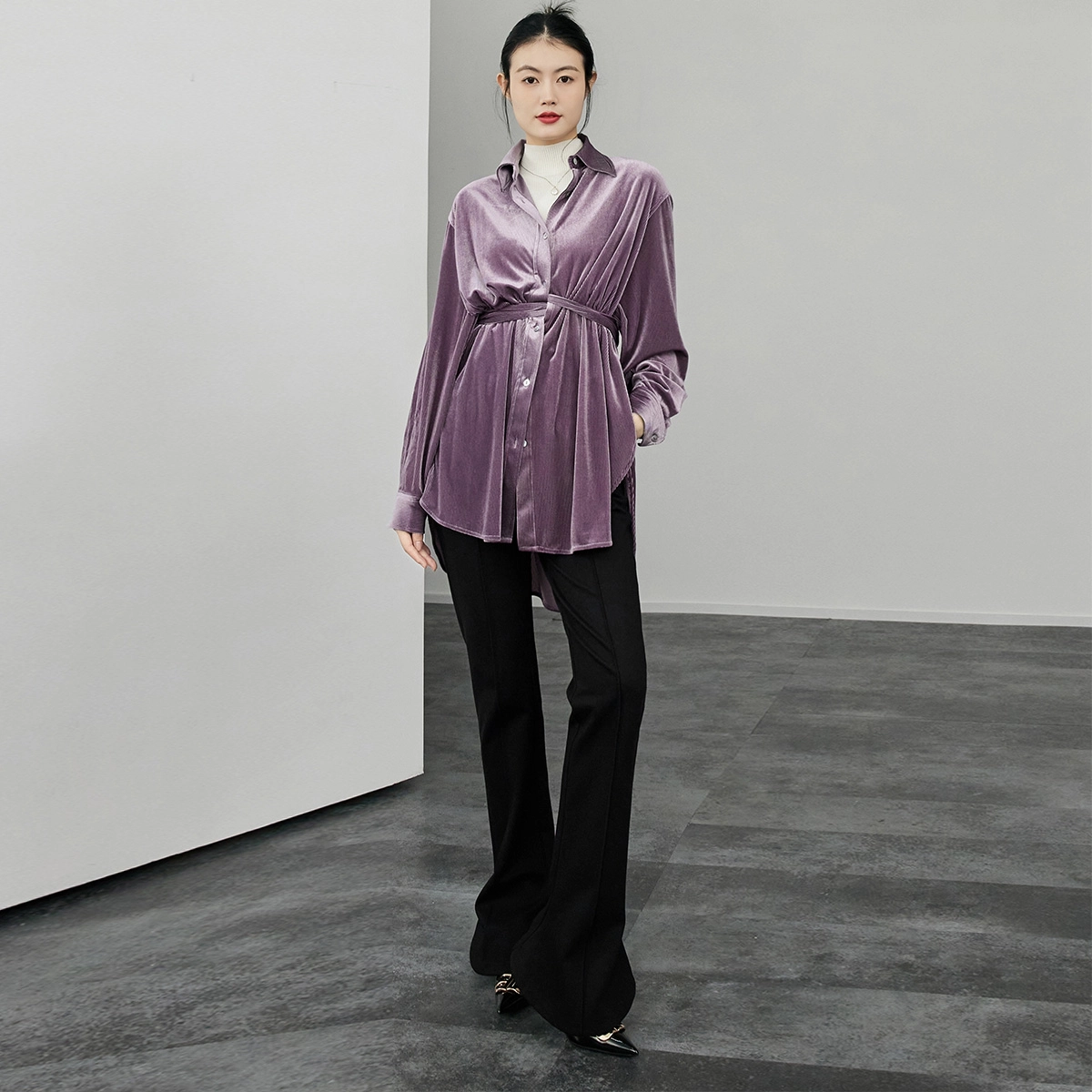 美洋 美人鱼长腿裤 纯色弹力罗马布小黑裤高腰喇叭马蹄长裤 女款 黑色