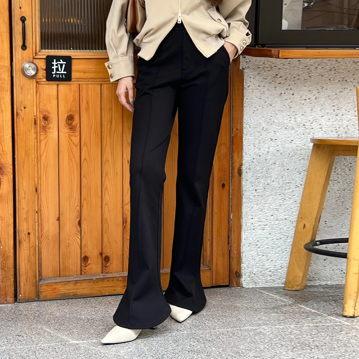 美洋 美人鱼长腿裤 纯色弹力罗马布小黑裤高腰喇叭马蹄长裤 女款 黑色
