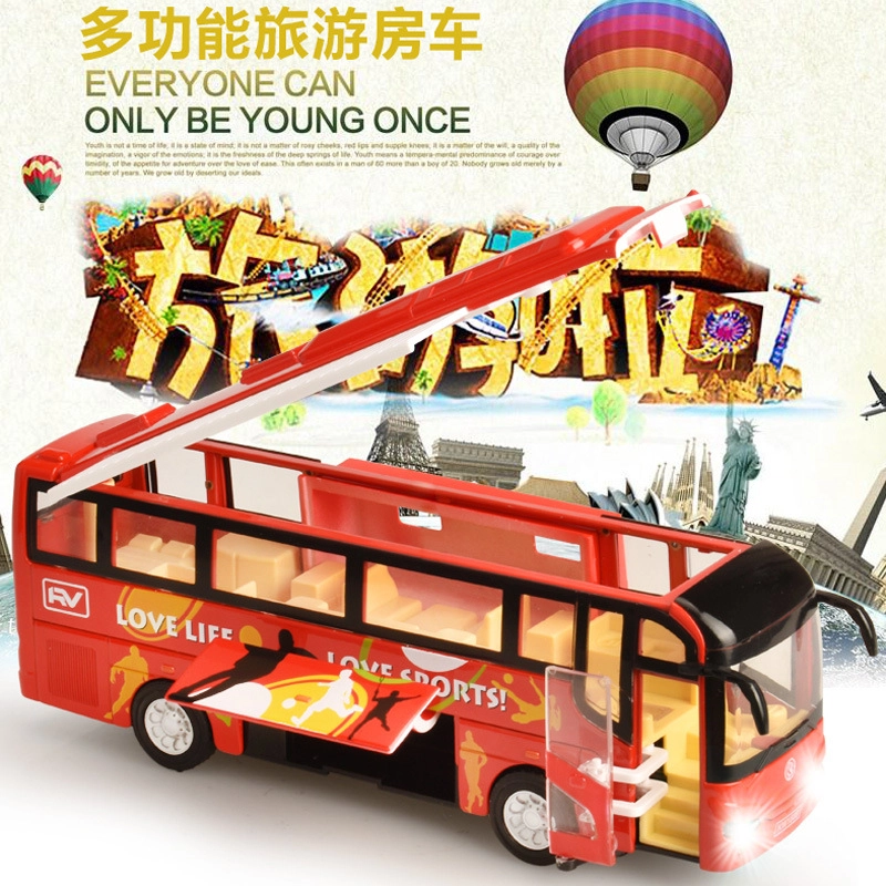 驰誉车玩 旅行大巴 合金车模 亮灯响声 回力行驶 车门可开 仿真汽车 收藏摆件 成品模型