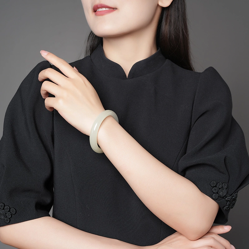 印象眸 新中式古风国潮经典简约平安镯 和田玉 手镯 女款 青白玉 礼物