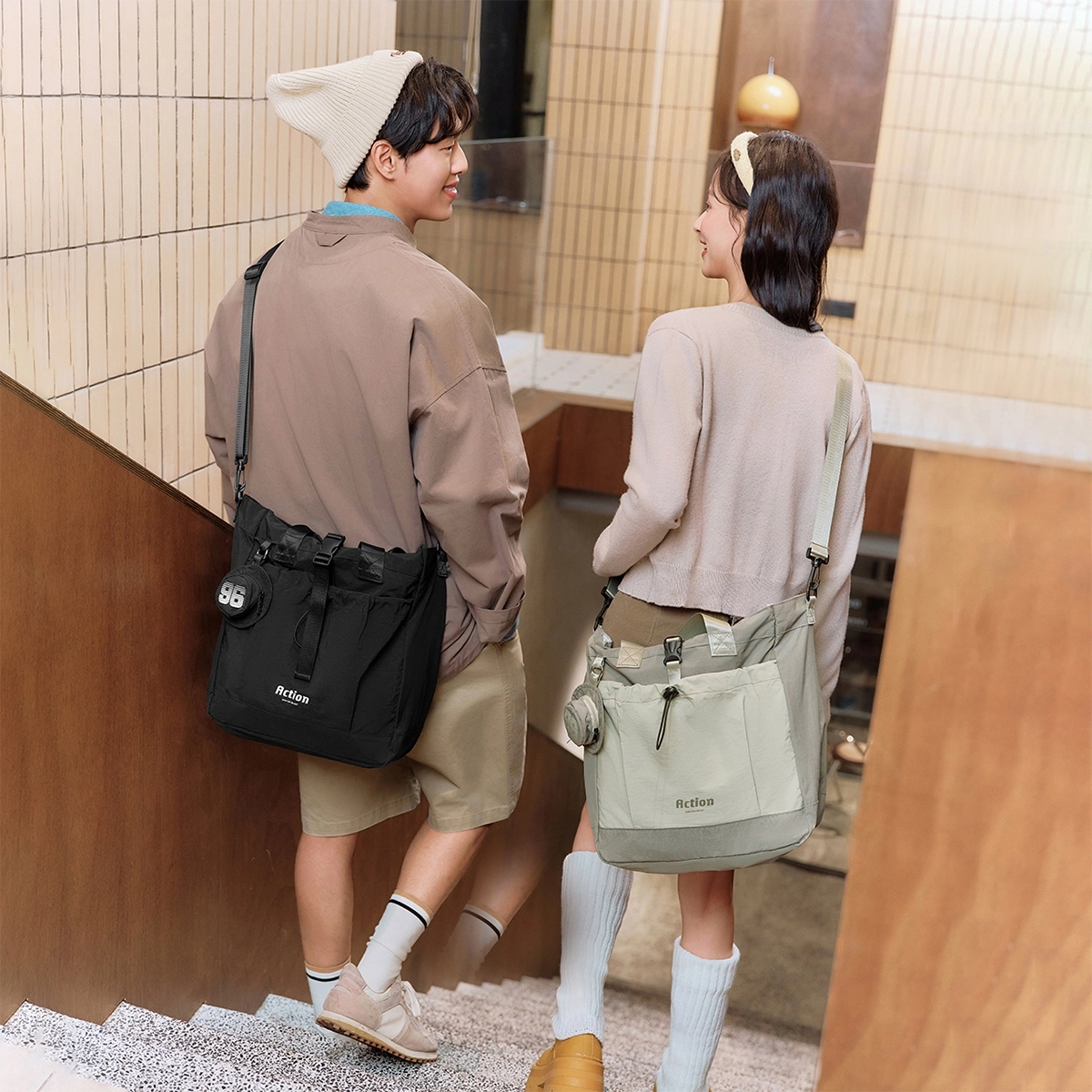 森马 多功能大容量山系潮 织物 托特包单肩包 中号 男女同款情侣款 奶白/中绿/黑色