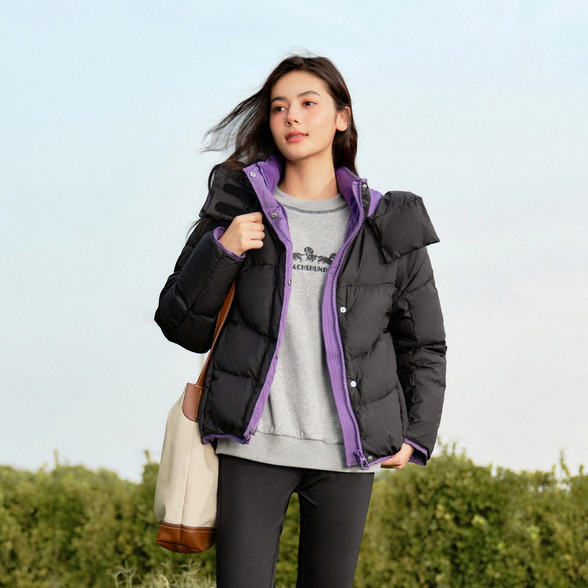 森马 设计感宽松撞色连帽面包服潮流个性时尚长袖羽绒服 女款