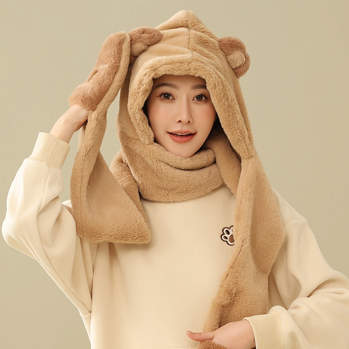 匹克 帽子围巾手套三合一 一体保暖小熊毛绒帽 帽子 男女同款情侣款