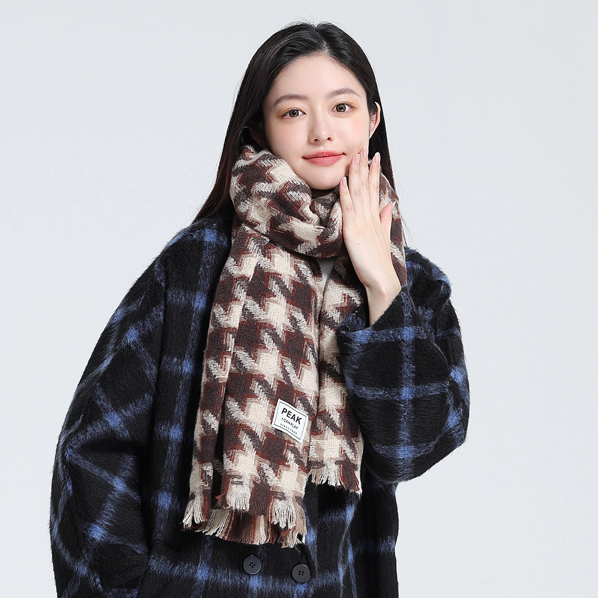 匹克 流苏千鸟格复古格子韩系耳罩两件套 聚酯纤维 绒线围巾 男女同款情侣款