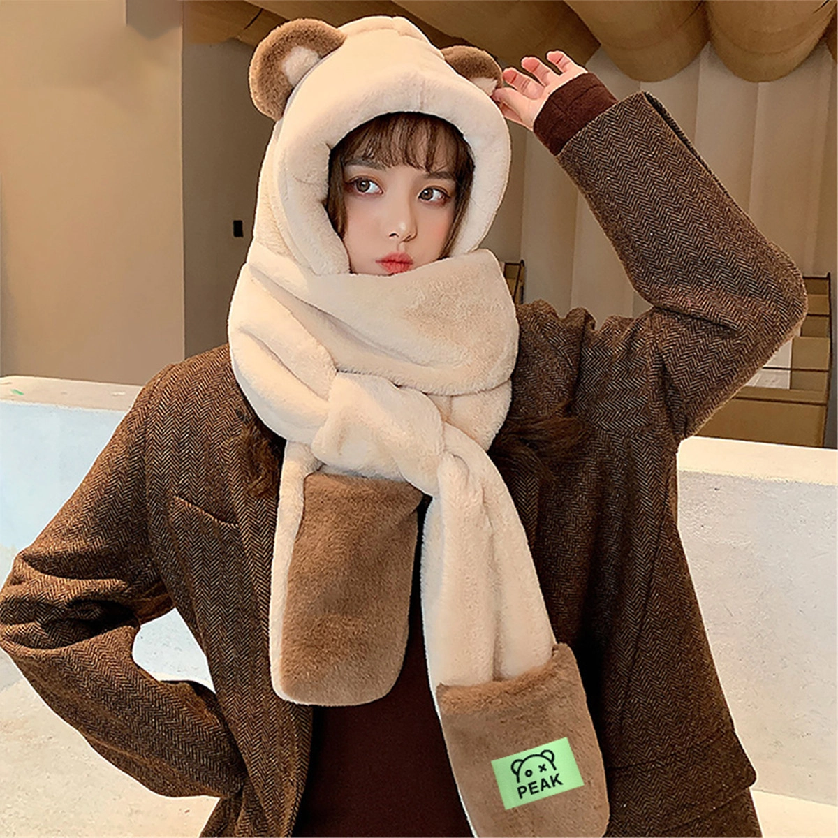 匹克 小熊 三合一 一体保暖毛绒 其他帽子 女款