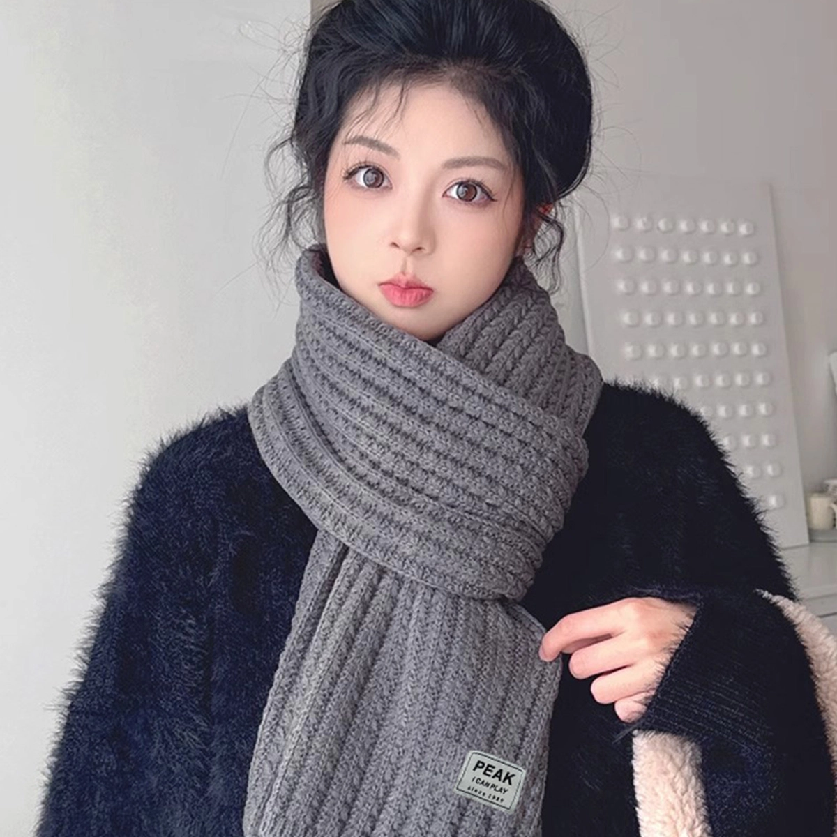 匹克 流苏冬季保暖加厚纯色 绒线围巾 男女同款情侣款