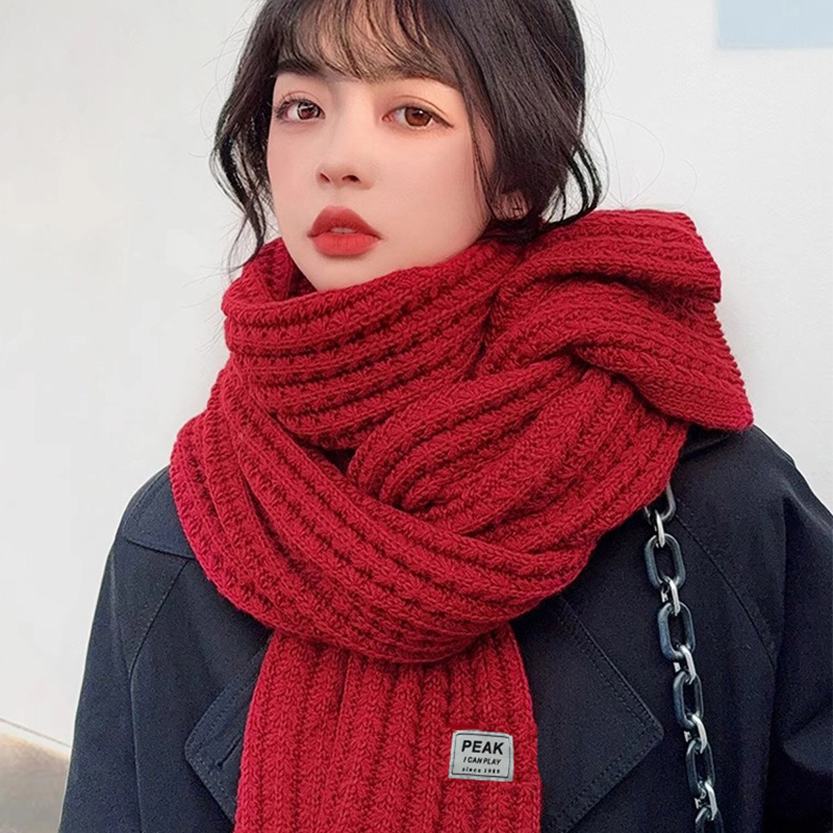 匹克 流苏冬季保暖加厚纯色 绒线围巾 男女同款情侣款