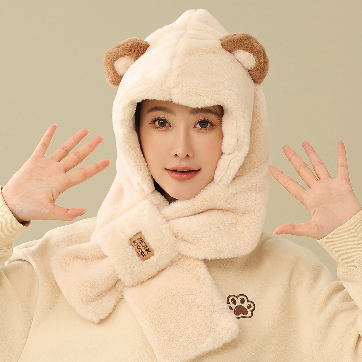 匹克 帽子围巾手套三合一 一体保暖小熊毛绒帽 帽子 男女同款情侣款