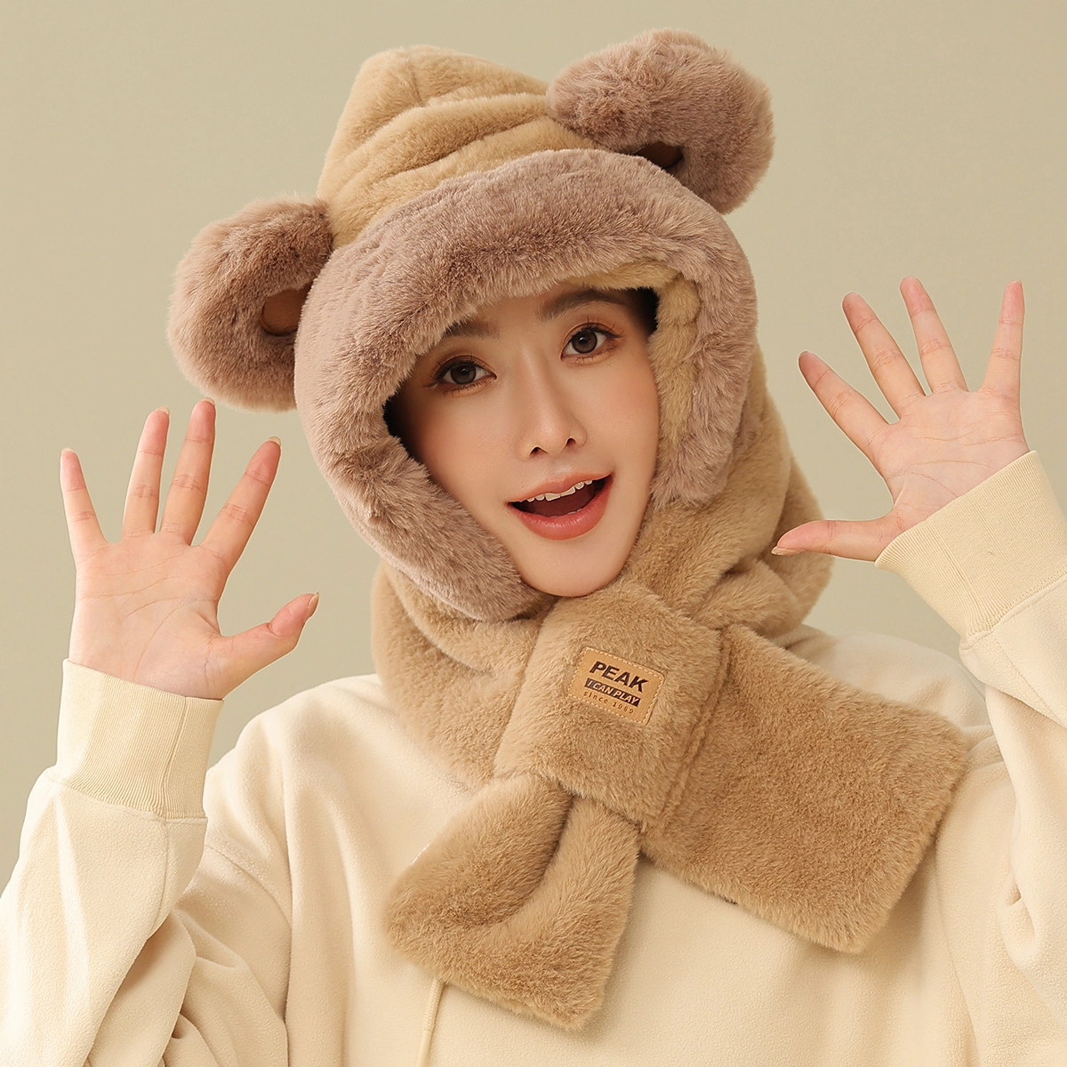 匹克 帽子围巾手套三合一 一体保暖小熊毛绒帽 帽子 男女同款情侣款