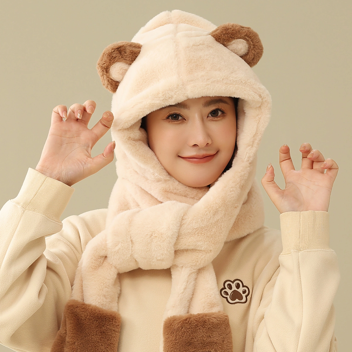 匹克 帽子围巾手套三合一 一体保暖小熊毛绒帽 帽子 男女同款情侣款