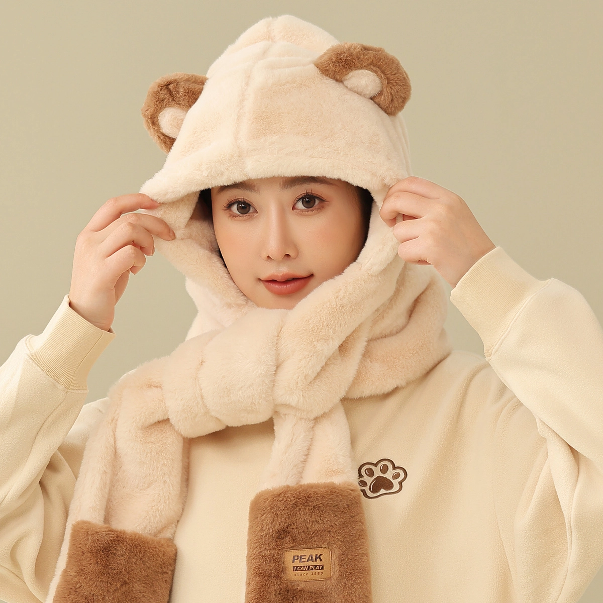 匹克 帽子围巾手套三合一 一体保暖小熊毛绒帽 帽子 男女同款情侣款