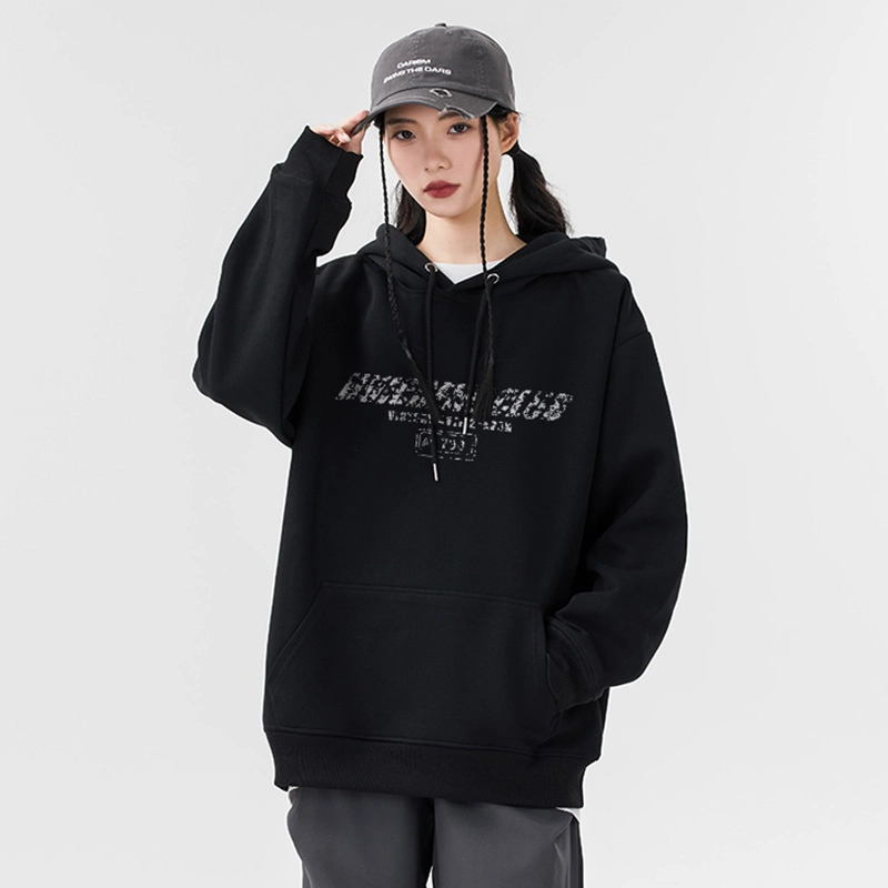 绘承 美式复古破损字母印花宽松休闲百搭基础款套头落款青少年连帽卫衣 男女同款