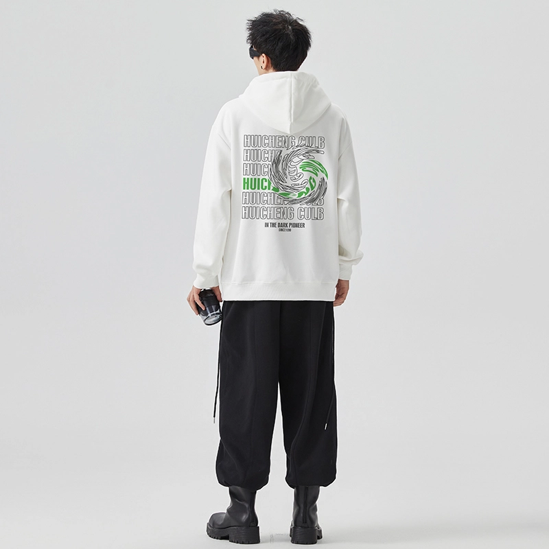 绘承 美式复古扭曲旋转字母图案印花宽松休闲百搭落肩套头连帽卫衣 男女同款