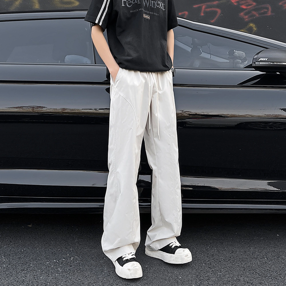 绘承 美式复古简约纯色基础款机能风降落伞兵裤高街薄款冰丝凉感透气宽松大码舒适百搭微喇弯刀垂感拖地直筒休闲裤 男女同款