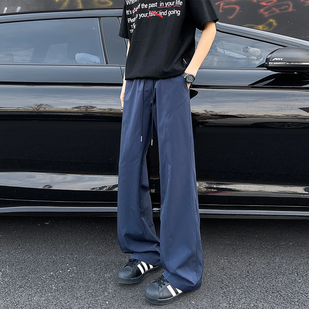 绘承 美式复古简约纯色基础款机能风降落伞兵裤高街薄款冰丝凉感透气宽松大码舒适百搭微喇弯刀垂感拖地直筒休闲裤 男女同款
