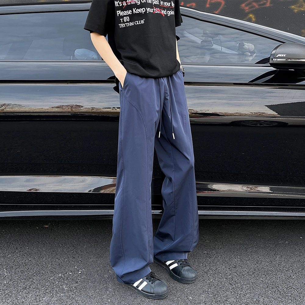 绘承 美式复古简约纯色基础款机能风降落伞兵裤高街薄款冰丝凉感透气宽松大码舒适百搭微喇弯刀垂感拖地直筒休闲裤 男女同款