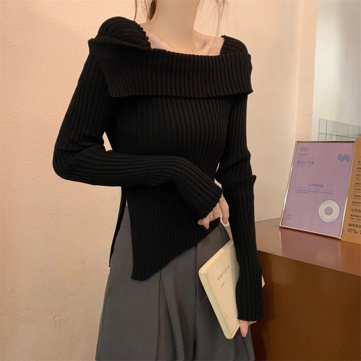 雅羊人 纯色舒适休闲简约针织衫 女款 黑色