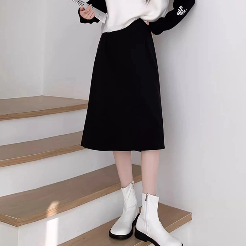 雅羊人 高腰纯色厚款休闲长裙 女款 黑色