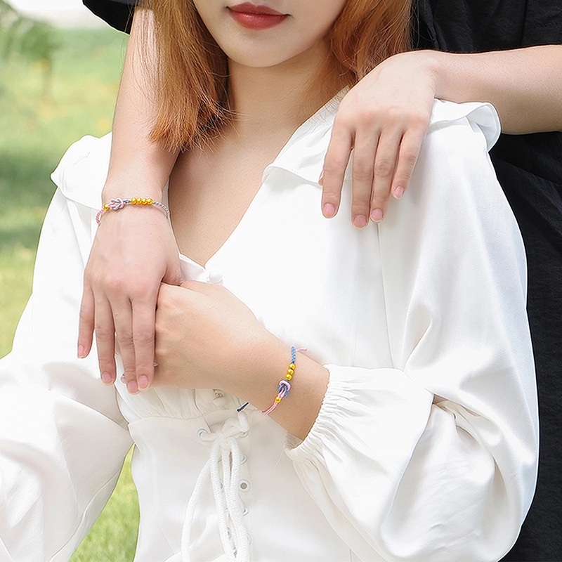 壹仟俩 新中式国潮转运 磨砂金珠子粉蓝编绳 足金 一口价 黄金手链 女款