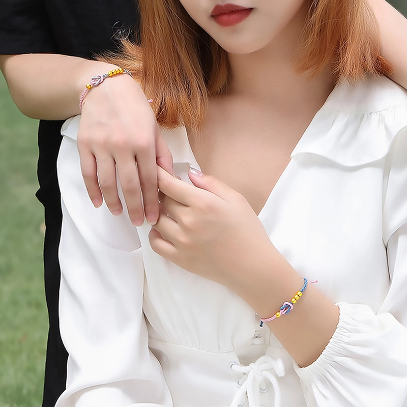 壹仟俩 新中式国潮转运 磨砂金珠子粉蓝编绳 足金 一口价 黄金手链 女款