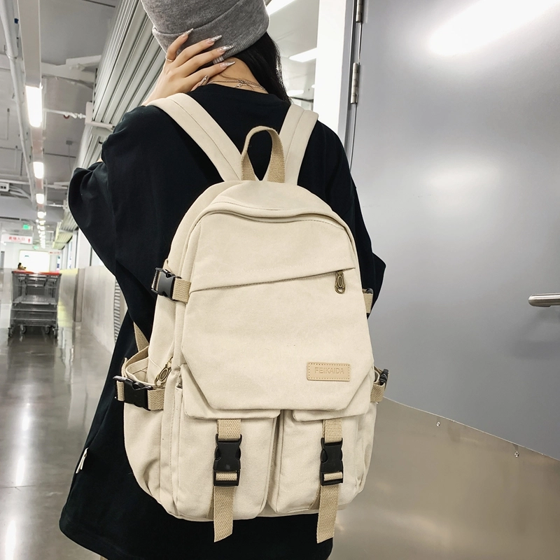醇龙 男女通用多色帆布多口袋简约百搭大容量双肩包背包