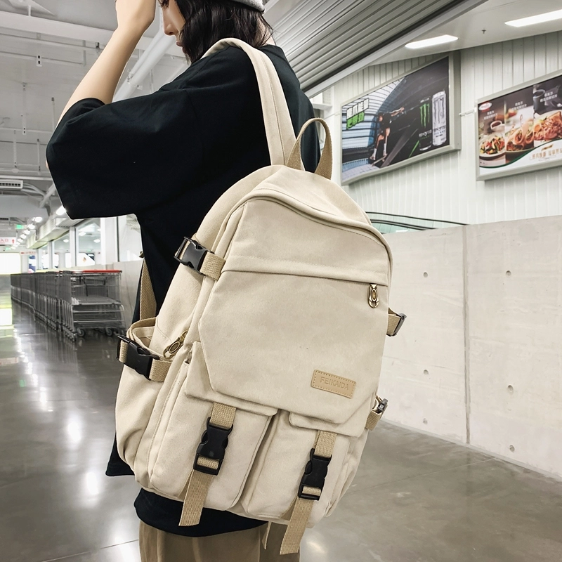 醇龙 男女通用多色帆布多口袋简约百搭大容量双肩包背包