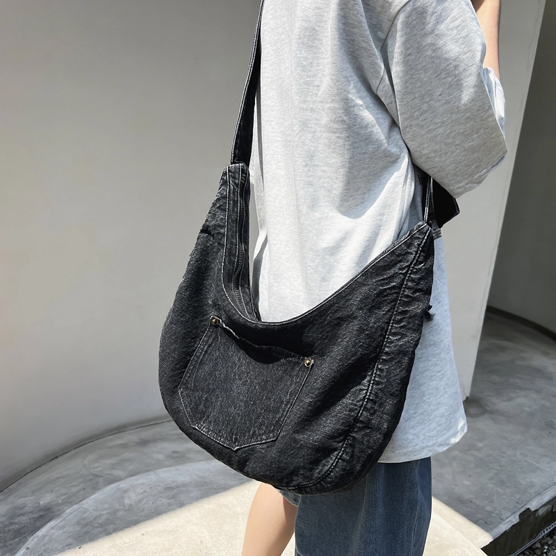 醇龙 小众设计韩版口袋 牛仔布 单肩包 常规 女款 黑/深蓝/浅蓝