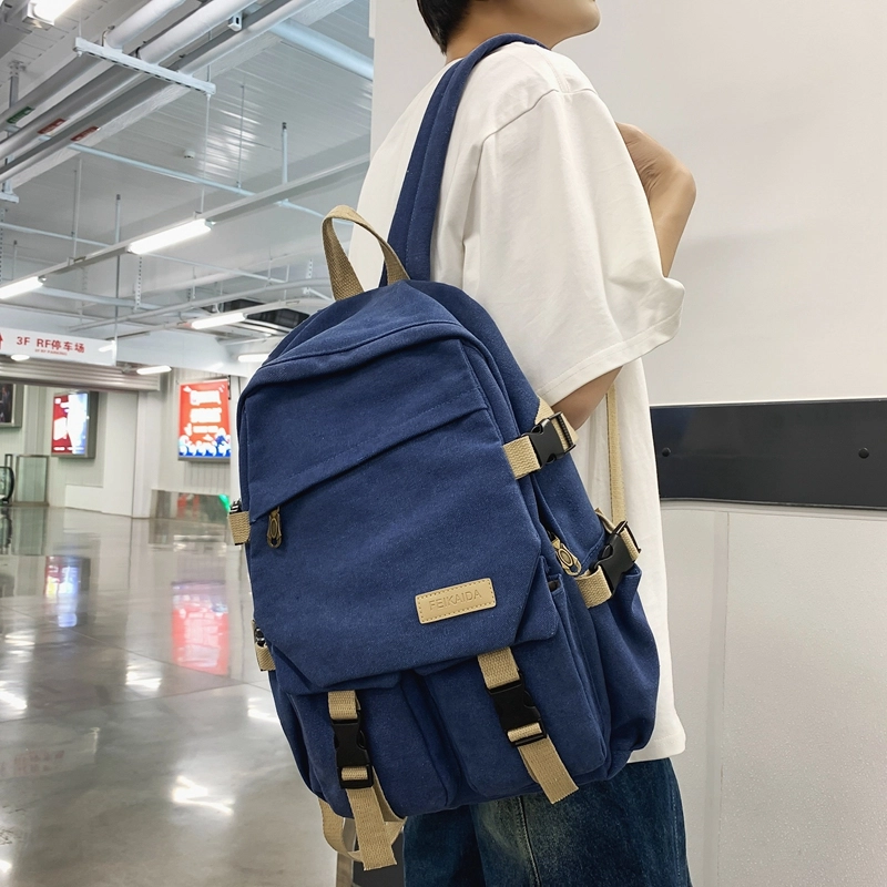 醇龙 男女通用多色帆布多口袋简约百搭大容量双肩包背包