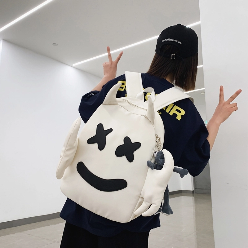 醇龙 可爱搞怪笑脸设计感小众大容量休闲旅行 尼龙 双肩包 常规 男女同款情侣款 黑/白