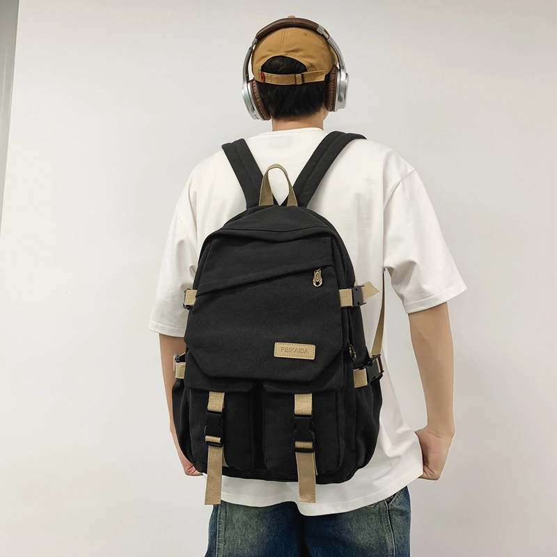 醇龙 男女通用多色帆布多口袋简约百搭大容量双肩包背包