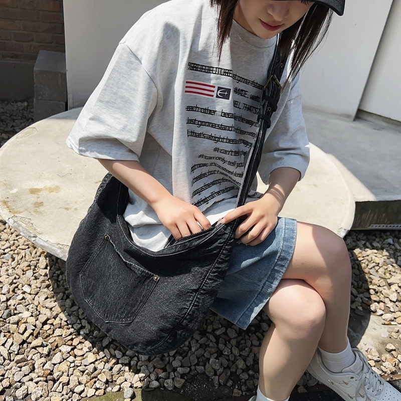 醇龙 小众设计韩版口袋 牛仔布 单肩包 常规 女款 黑/深蓝/浅蓝