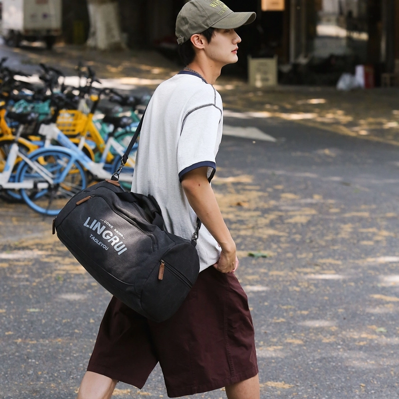 醇龙 双色健身包女单肩训练运动 帆布 旅行包 常规 男女同款情侣款 黑色/卡其色