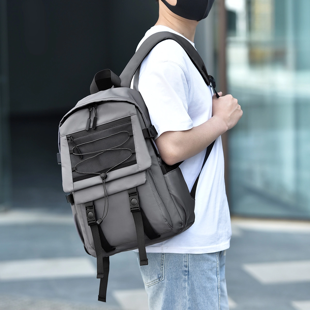 茵初 休闲简约旅行大容量 尼龙 双肩包 男女同款情侣款 黑色/灰色/蓝色