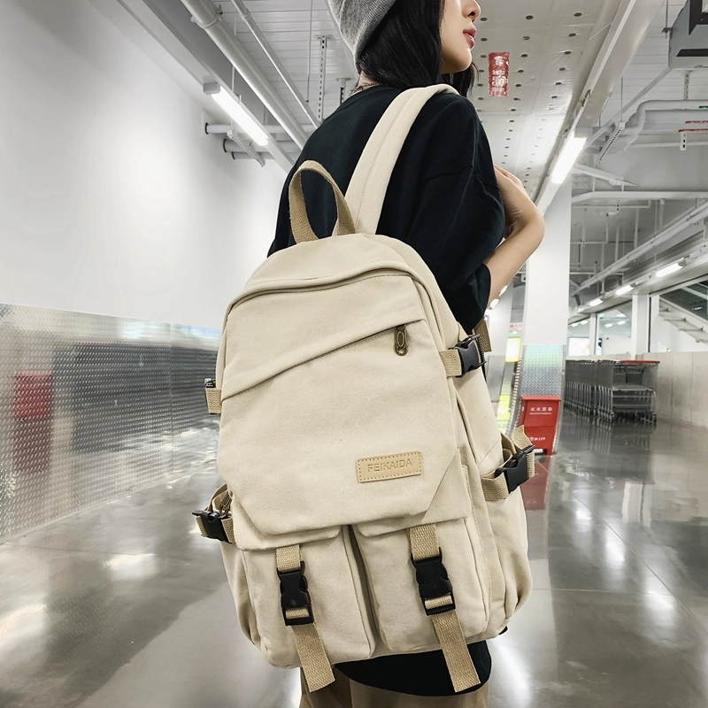醇龙 男女通用多色帆布多口袋简约百搭大容量双肩包背包