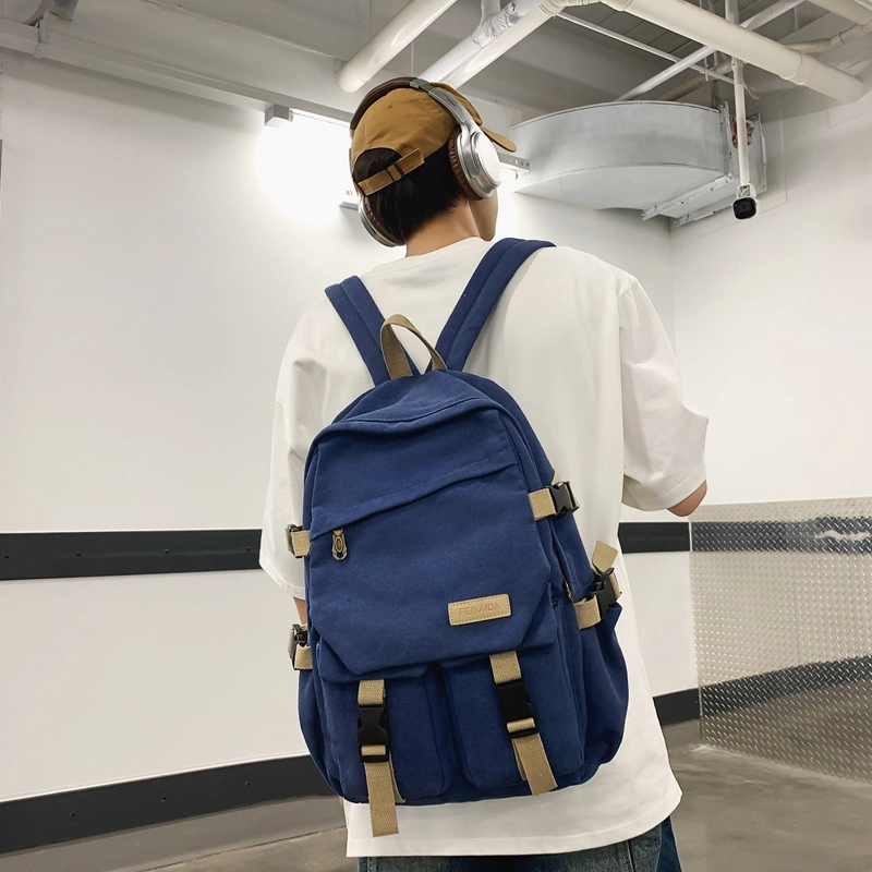 醇龙 男女通用多色帆布多口袋简约百搭大容量双肩包背包