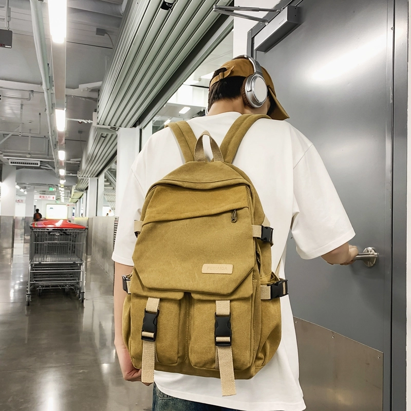 醇龙 男女通用多色帆布多口袋简约百搭大容量双肩包背包