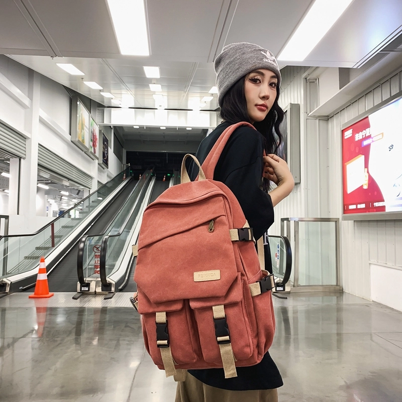 醇龙 男女通用多色帆布多口袋简约百搭大容量双肩包背包