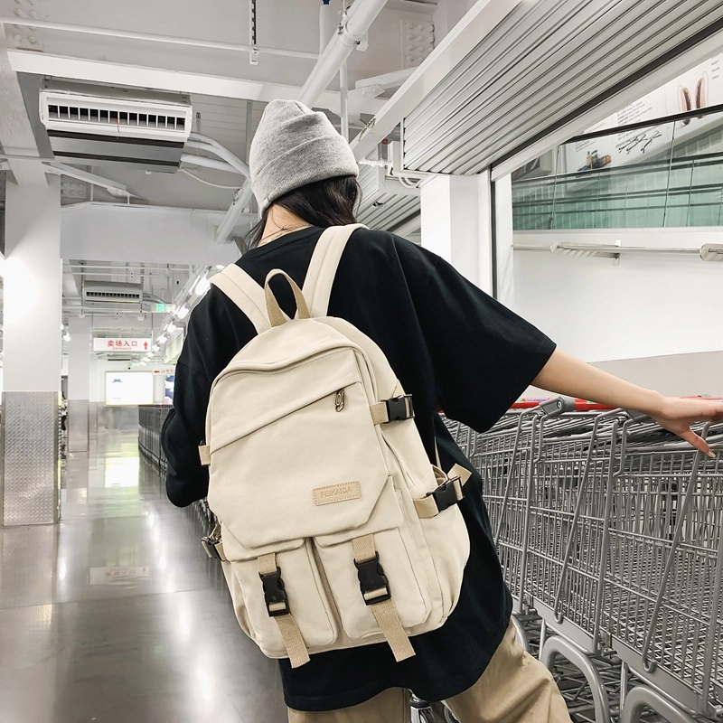 醇龙 男女通用多色帆布多口袋简约百搭大容量双肩包背包
