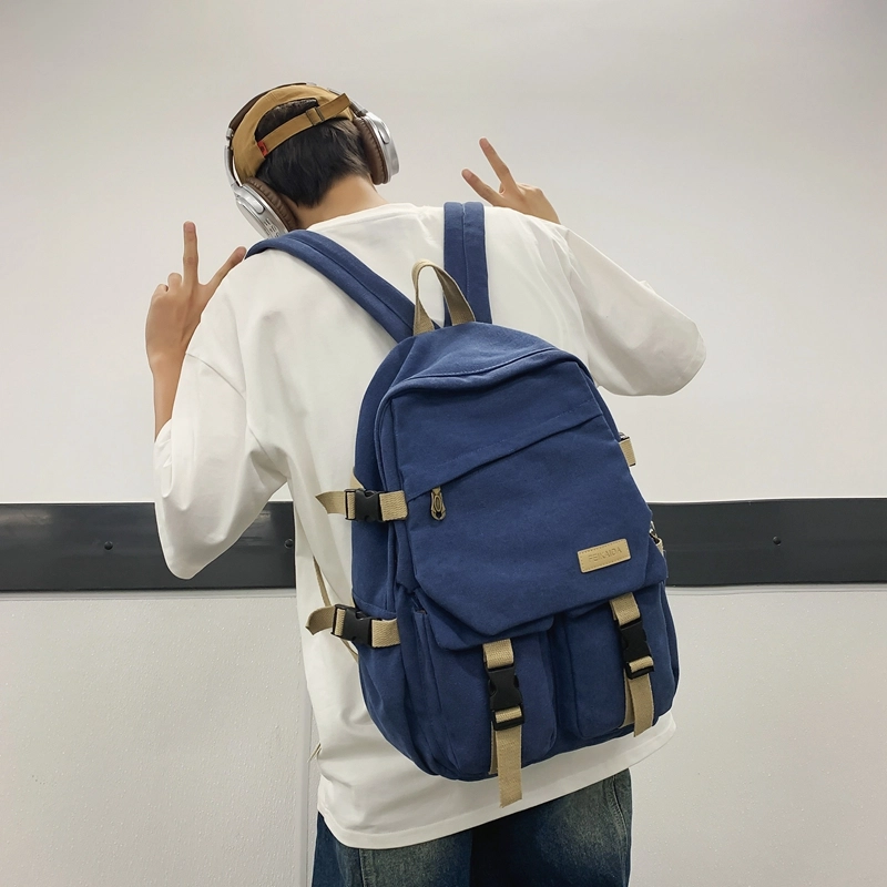 醇龙 男女通用多色帆布多口袋简约百搭大容量双肩包背包