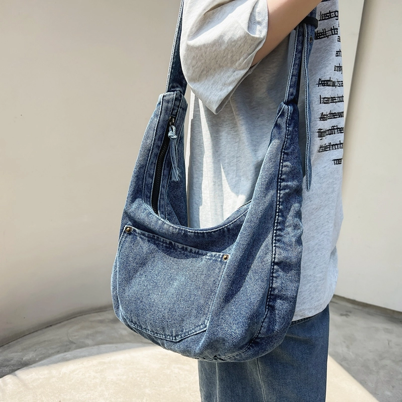 醇龙 小众设计韩版口袋 牛仔布 单肩包 常规 女款 黑/深蓝/浅蓝