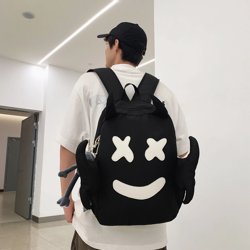醇龙 可爱搞怪笑脸设计感小众大容量休闲旅行 尼龙 双肩包 常规 男女同款情侣款 黑/白