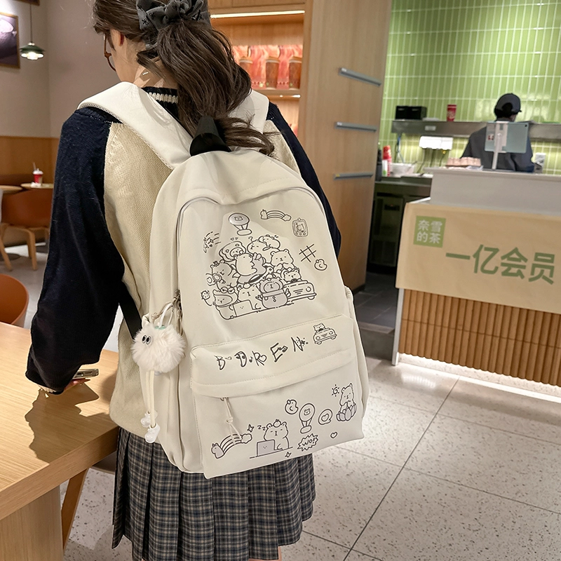 醇龙 可爱涂鸦卡通印花书包轻便休闲小众学生小清新少女背包 尼龙 双肩包 男女同款情侣款 黑色/彩色