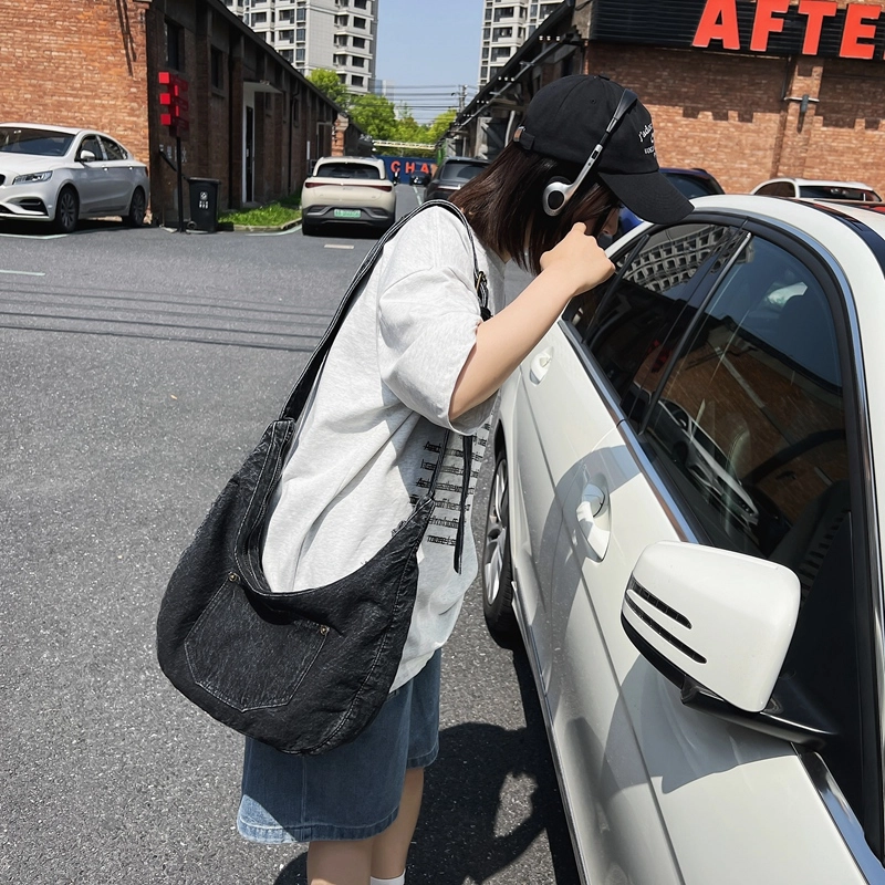醇龙 小众设计韩版口袋 牛仔布 单肩包 常规 女款 黑/深蓝/浅蓝