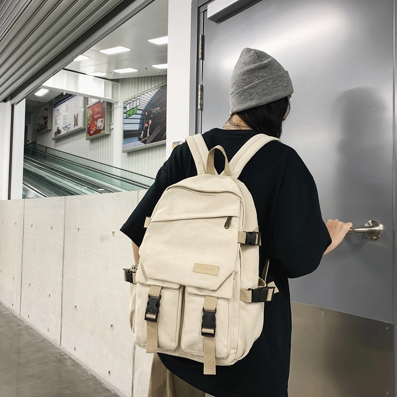 醇龙 男女通用多色帆布多口袋简约百搭大容量双肩包背包