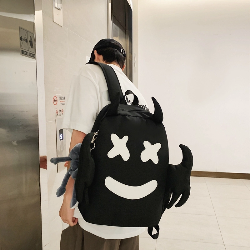 醇龙 可爱搞怪笑脸设计感小众大容量休闲旅行 尼龙 双肩包 常规 男女同款情侣款 黑/白