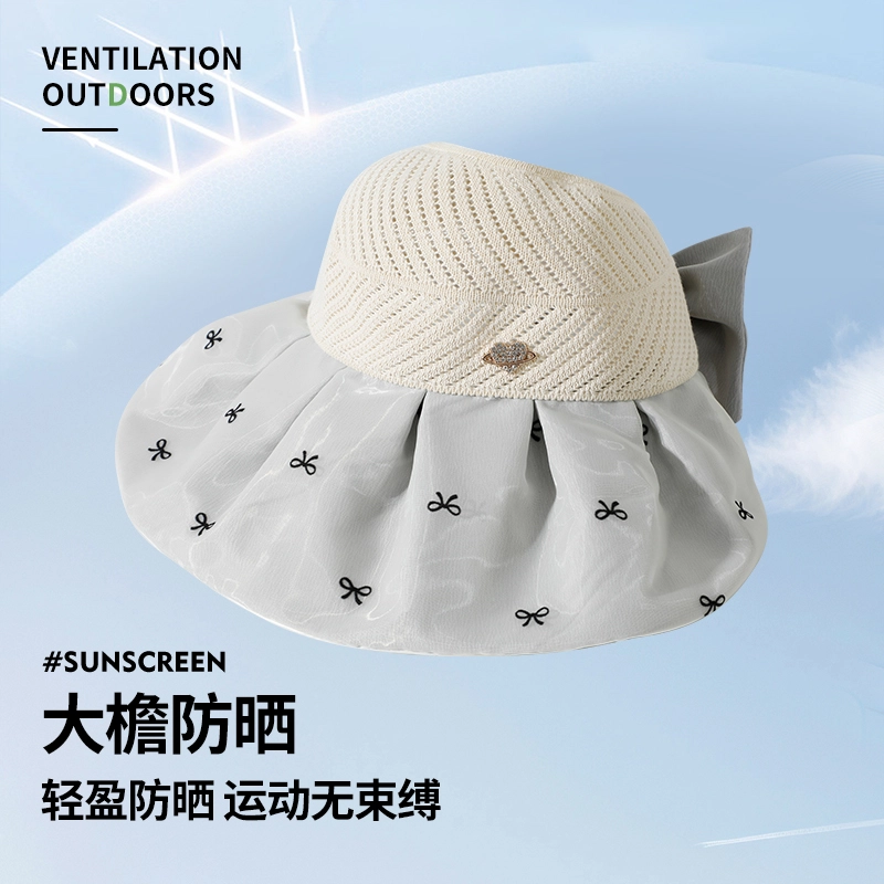 南极人 韩版大帽檐彩胶空顶帽子夏季防紫外线遮阳帽蝴蝶结针织镂空户外出游海边透气太阳帽轻薄款 聚酯纤维 防晒帽 女款