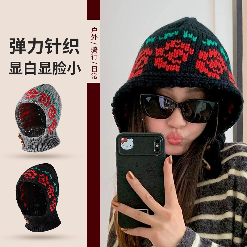 南极人 秋冬韩版花朵针织巴拉克拉法帽 保暖护耳一体套头帽 针织 毛线帽 女款