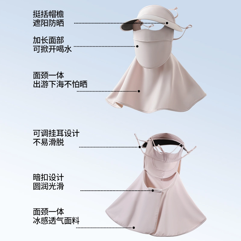 【嘴部可掀开】 南极人 全脸防紫外线冰丝薄款遮阳帽子一体护颈脸基尼开车骑行口罩遮脖子全方位可喝水 轻薄 防晒面罩 女款
