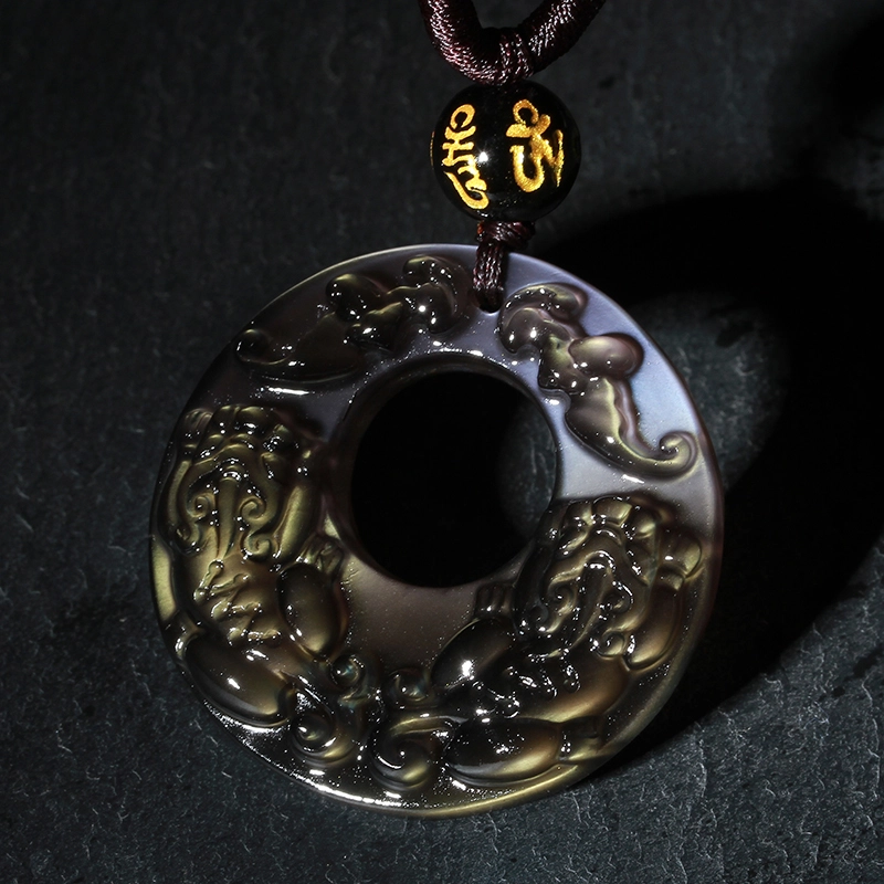 灵气 中式国潮双貔貅平安扣彩虹眼 黑曜石 玉石吊坠 男女同款情侣款